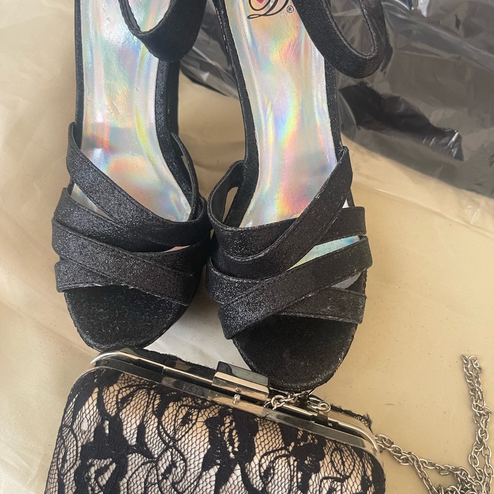 Bundle Deal Elegant Black Glitter Wedge  & Lace Clutch